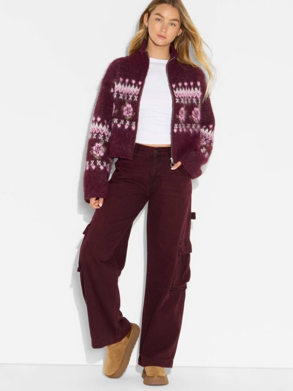 Women's Full Zip Mock Turtleneck Cardigan - Wild Fable™ Burgundy Floral - Picture 3 of 6